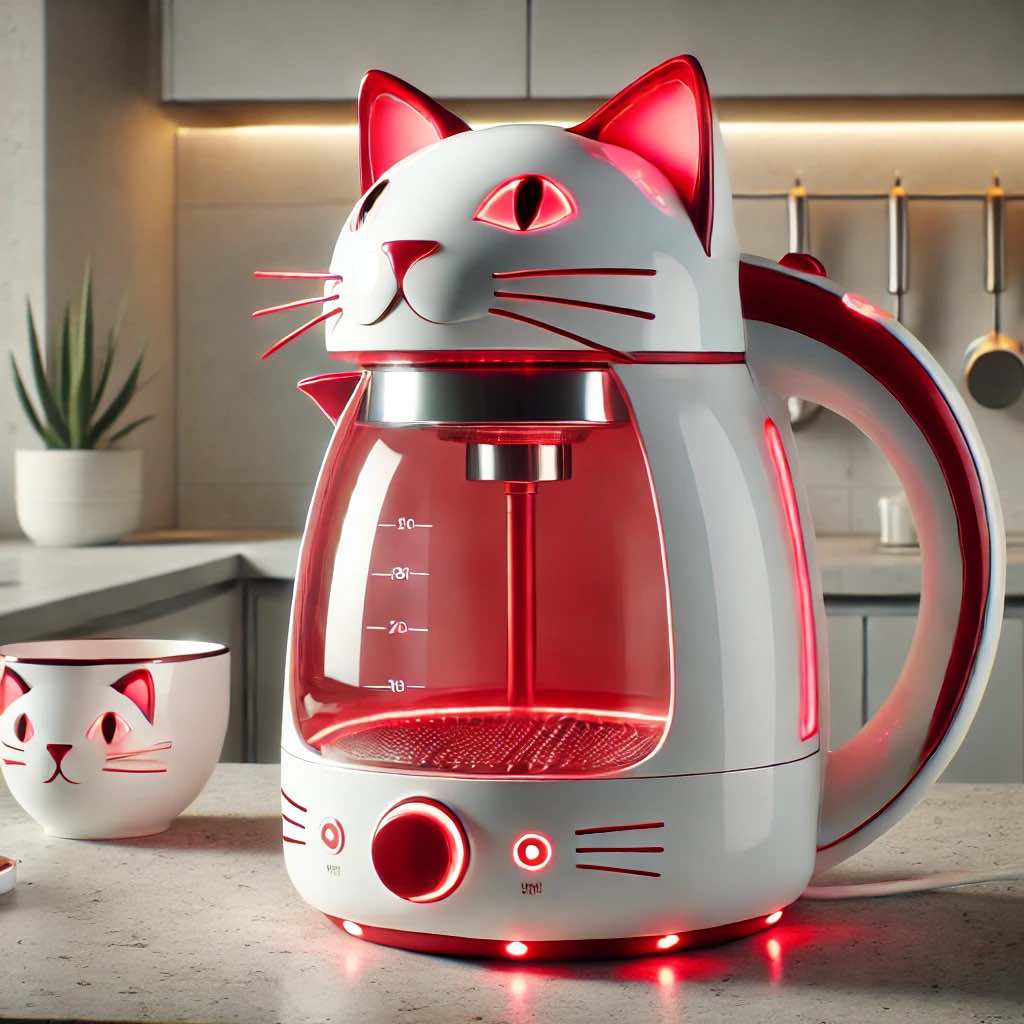A red LED cat-themed electric kettle glowing brightly on a sleek kitchen surface.