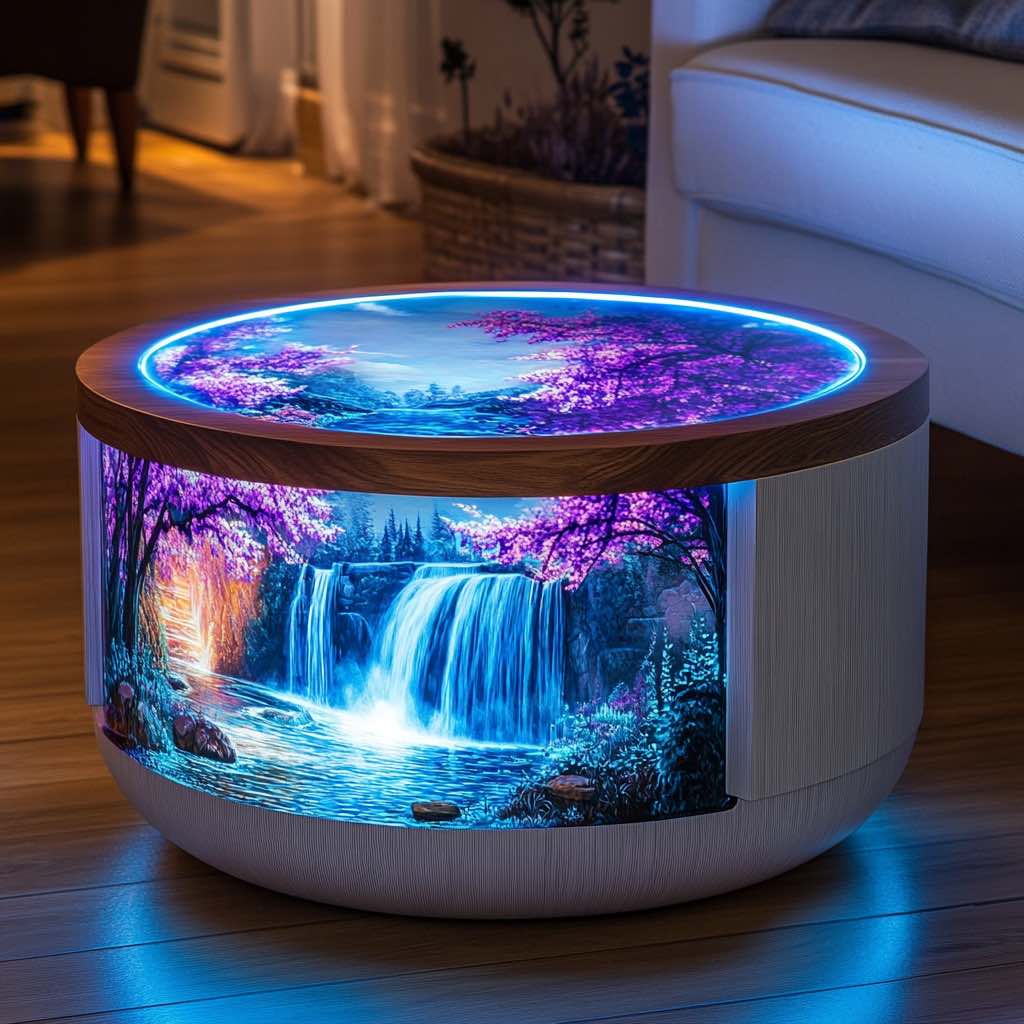 A round table featuring a glowing, vibrant design of a tranquil waterfall surrounded by cherry blossom trees and a serene forest landscape. The tabletop and base are illuminated with soft LED lighting, adding a dreamy and artistic touch to any living room.
