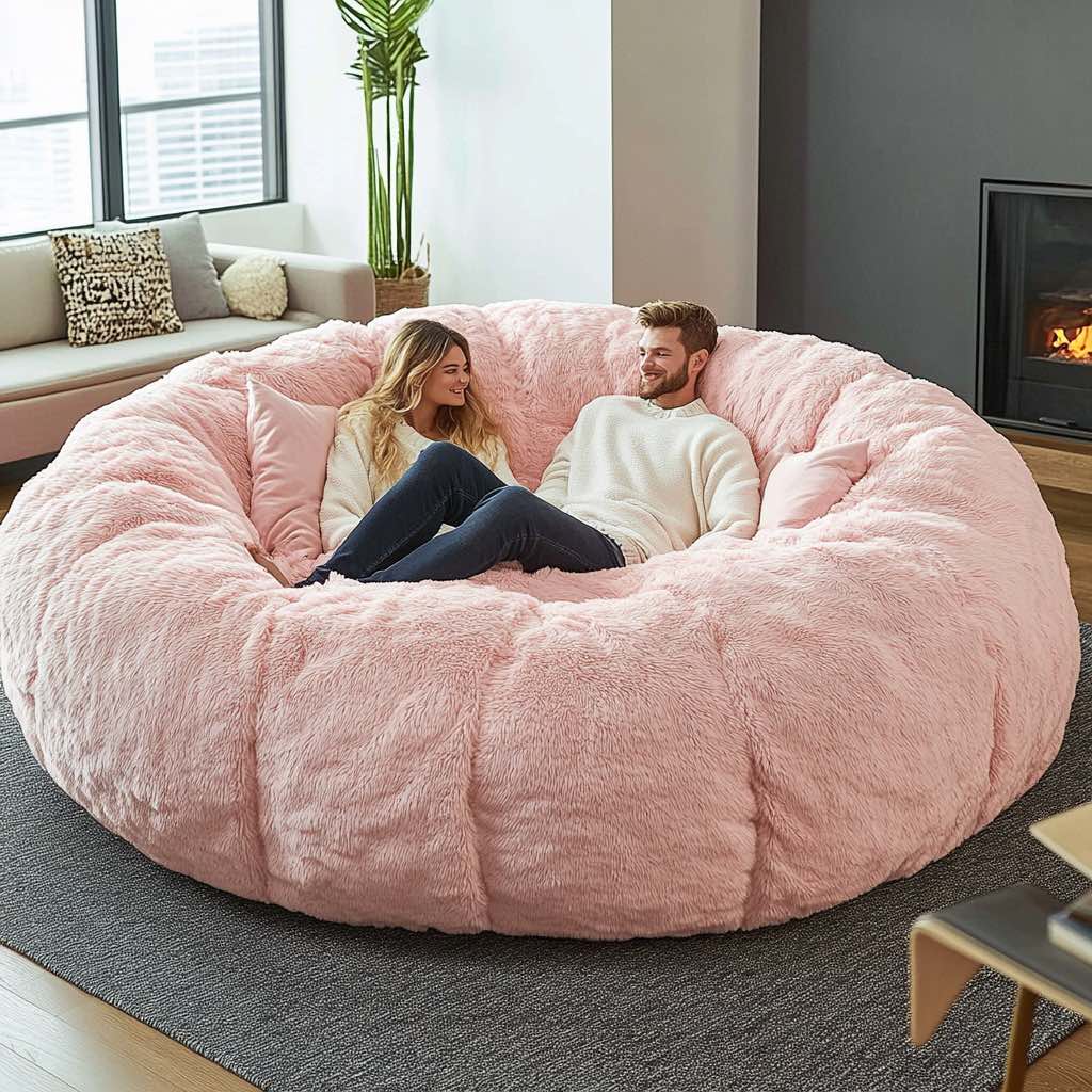 Spacious pink round sofa with a couple seated, perfect for small gatherings or couples.