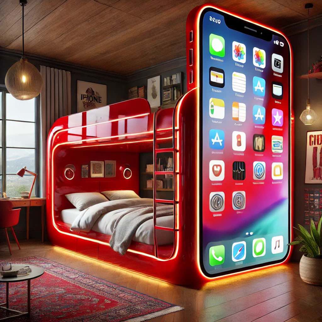 A bold red smartphone-themed bunk bed with glowing app icons in a dynamic bedroom setting.
