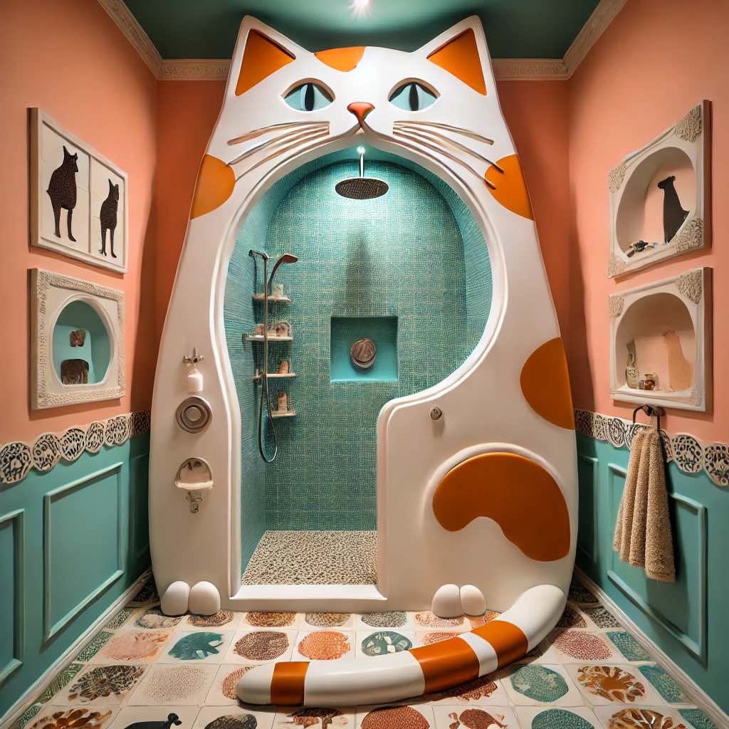 A ginger and white cat-shaped shower with turquoise tiling and a playful tail detail.