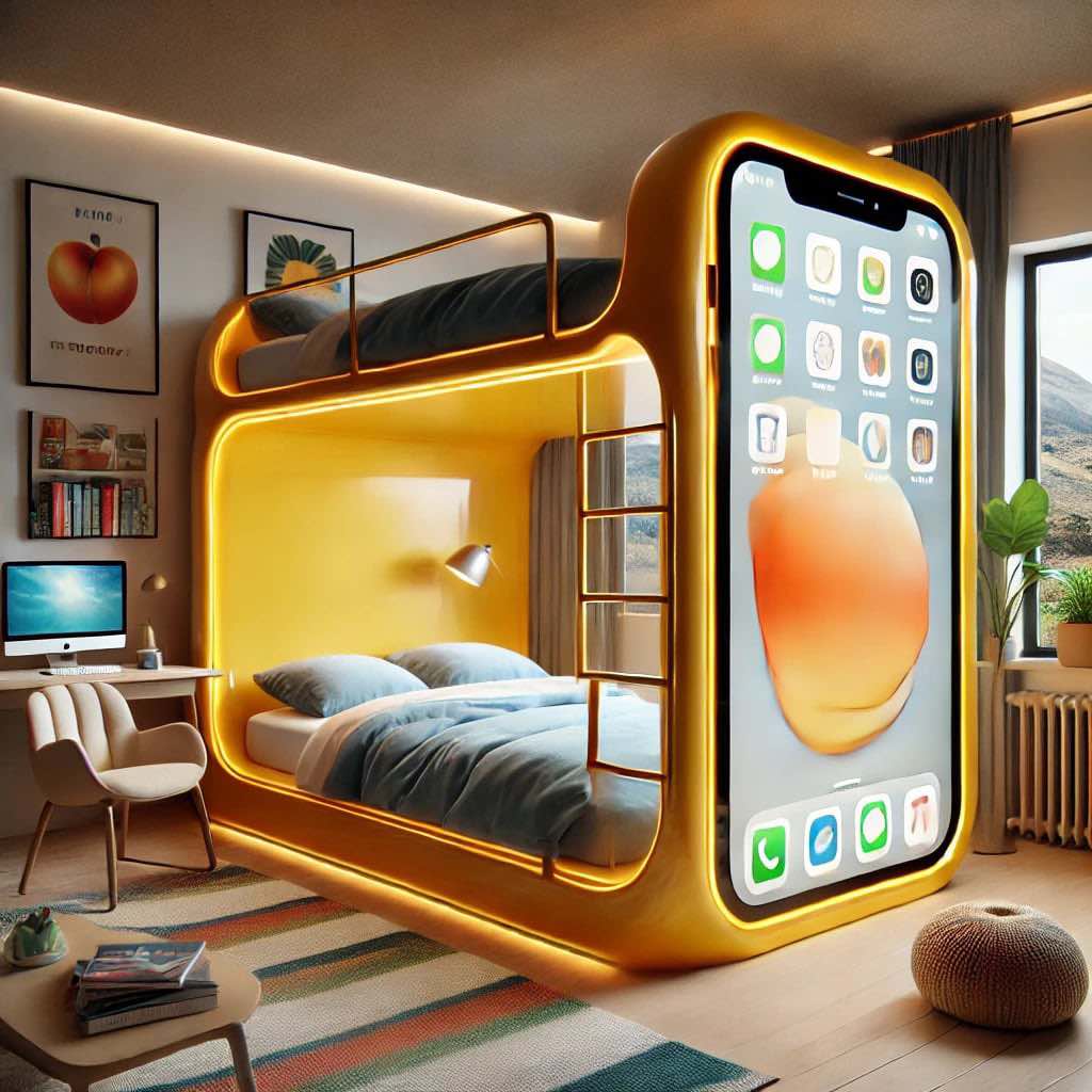 A bright yellow smartphone-inspired bunk bed with illuminated icons in a sunny and inviting room.