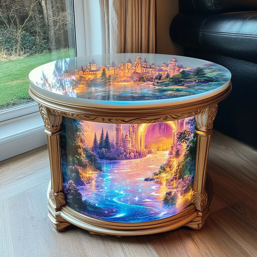 A round table with an ornate golden frame, featuring a mesmerizing illuminated design of a fairytale castle surrounded by a glowing river, lush forest, and vibrant skies. The tabletop showcases a detailed landscape of the castle, creating a magical and elegant centerpiece for any room.