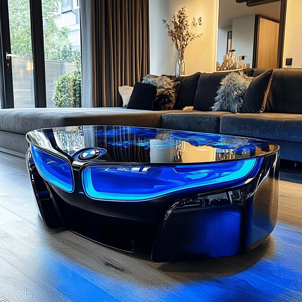 A black BMW-inspired aquarium coffee table with futuristic LED lighting and a minimalist design in an elegant living room.