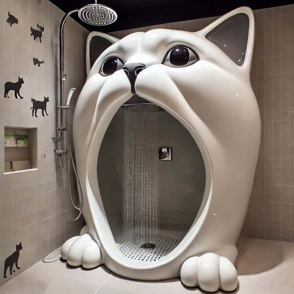 A sophisticated white cat-shaped shower with a minimalist design and waterfall-like water flow.