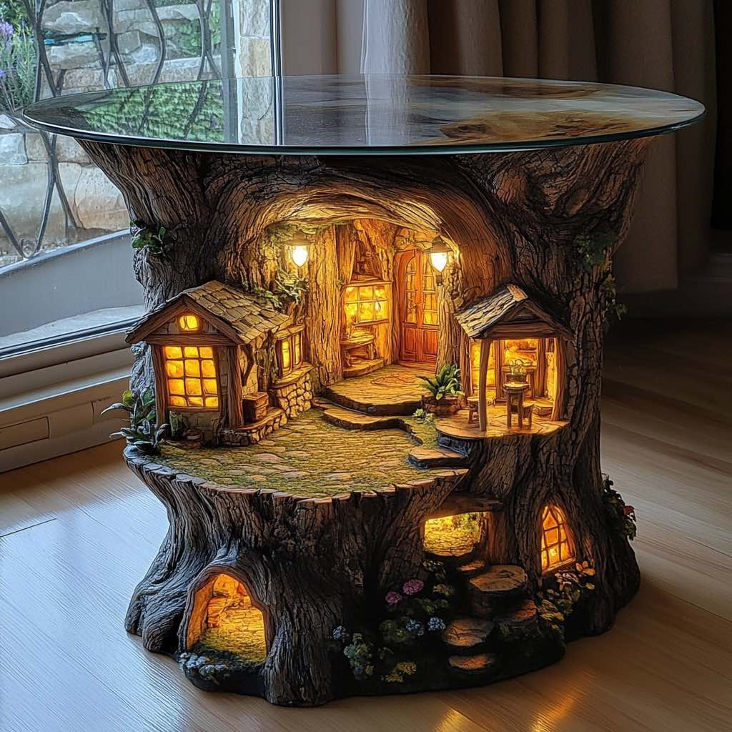 A glass-topped table showcasing a detailed miniature treehouse with glowing interiors and woodland details.
