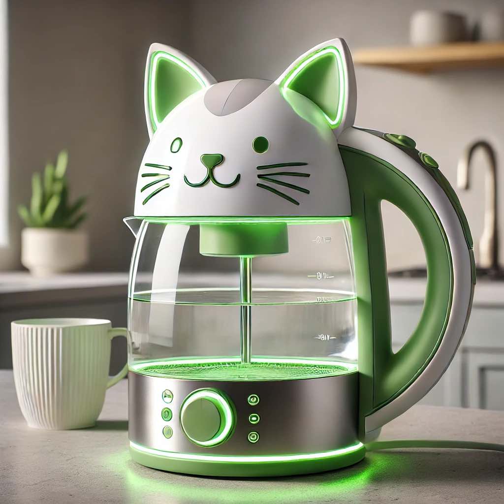 A green LED cat-themed electric kettle with vibrant illumination on a cosy kitchen counter.