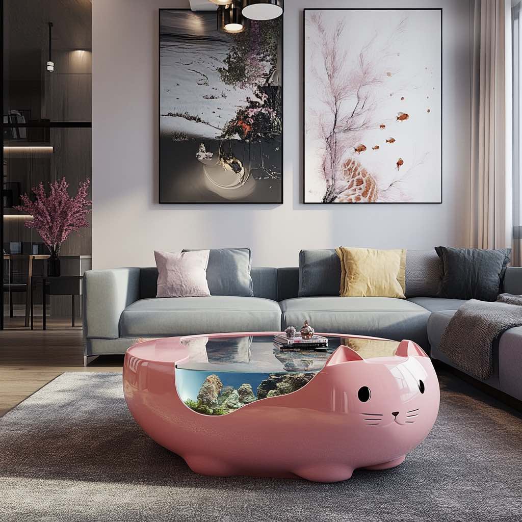 A close-up view of a pink cat-shaped aquarium coffee table showcasing its playful design.