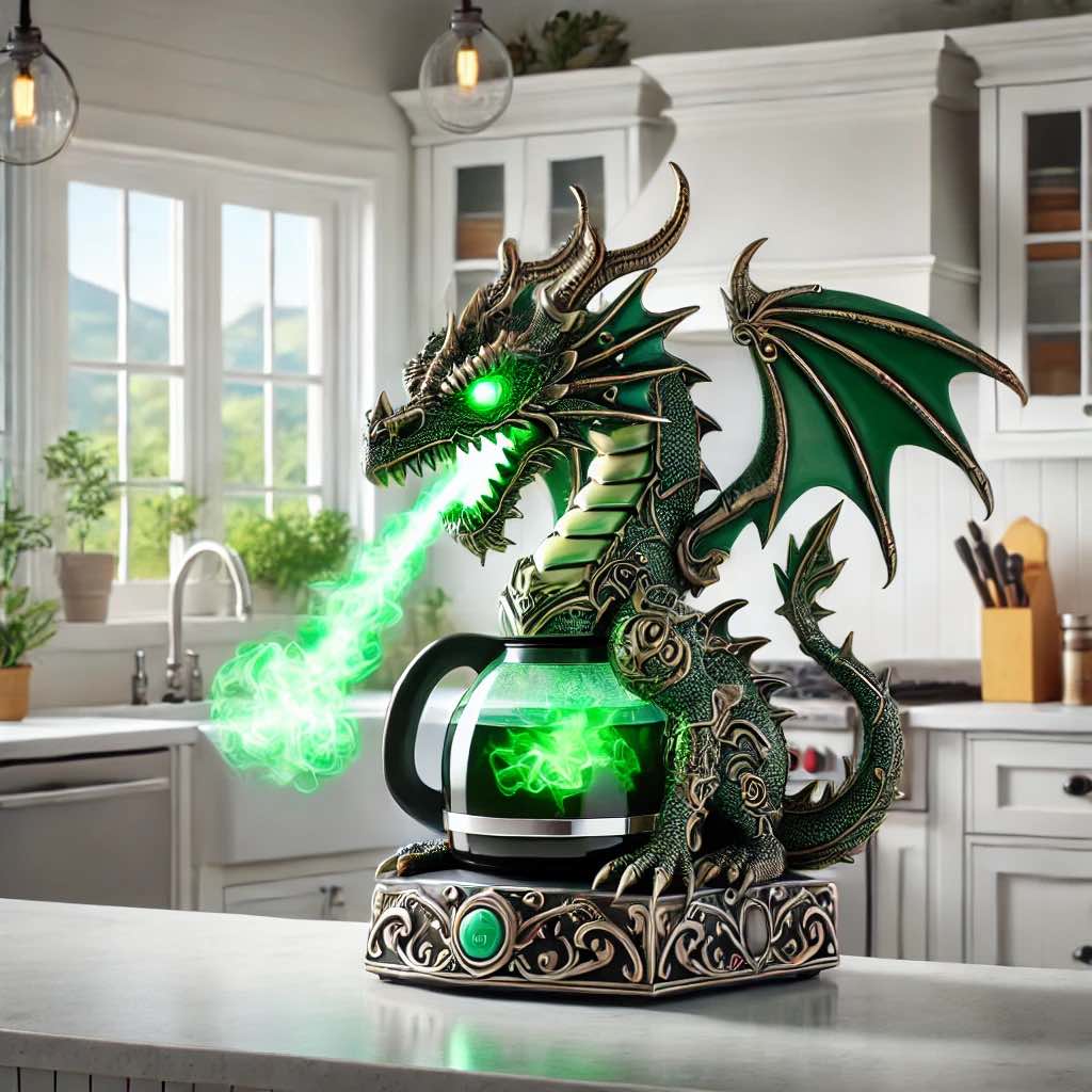 Green dragon coffee maker with emerald glow and intricate scale design on a sleek kitchen counter