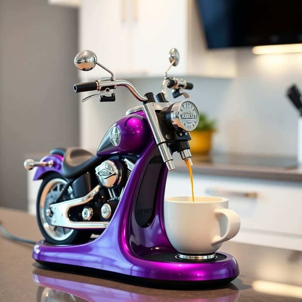 A glossy purple motorcycle-inspired coffee maker with chrome details, brewing a cup of rich espresso.