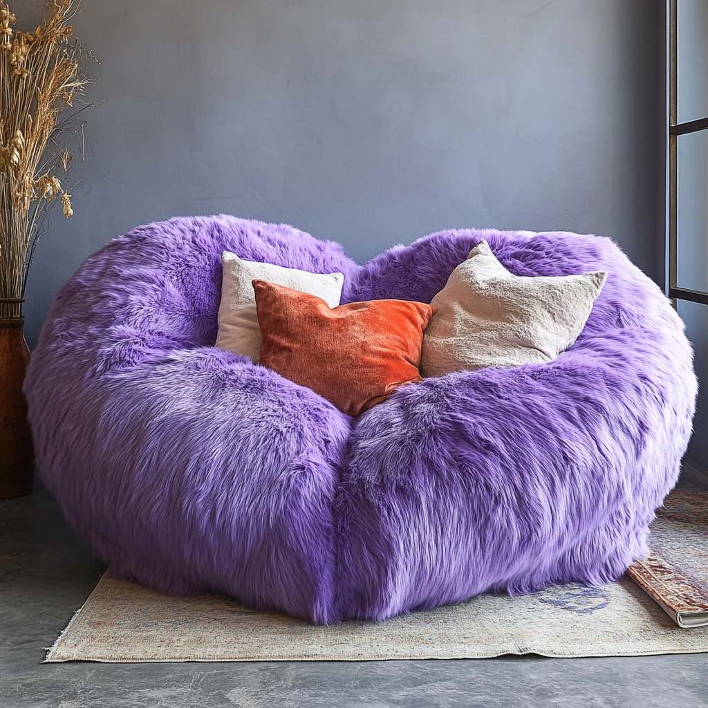 A plush purple faux fur love seat styled with decorative pillows in a modern, industrial-chic living space.