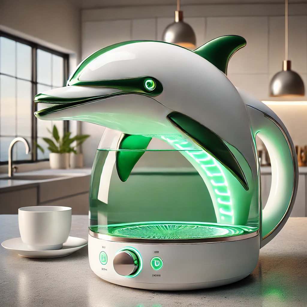 Eco-friendly green dolphin-shaped electric kettle with glowing LED lights on a kitchen countertop.