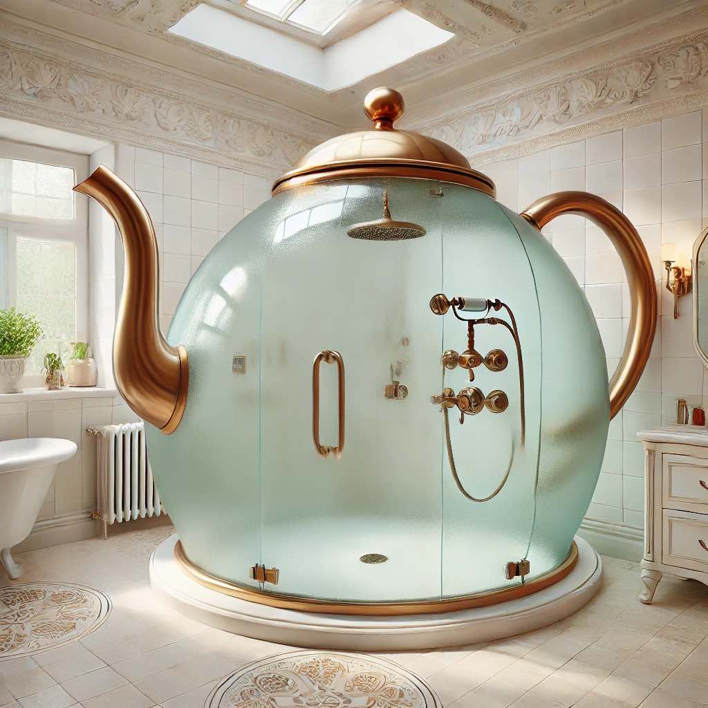 A luxurious gold teapot-shaped shower with frosted glass panels in an opulent bathroom.
