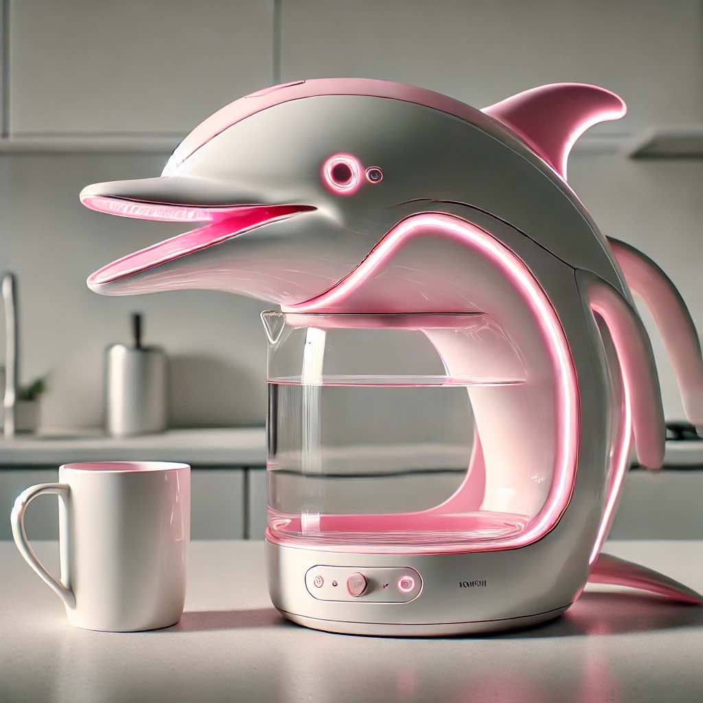 Playful pink dolphin-inspired electric kettle with soft pink LED lights in a minimalist kitchen.