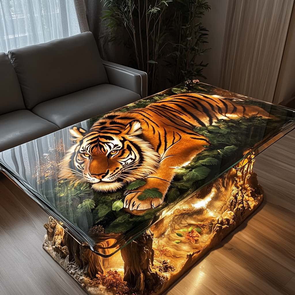 Elegant coffee table featuring a tiger design with a glass top and glowing base.