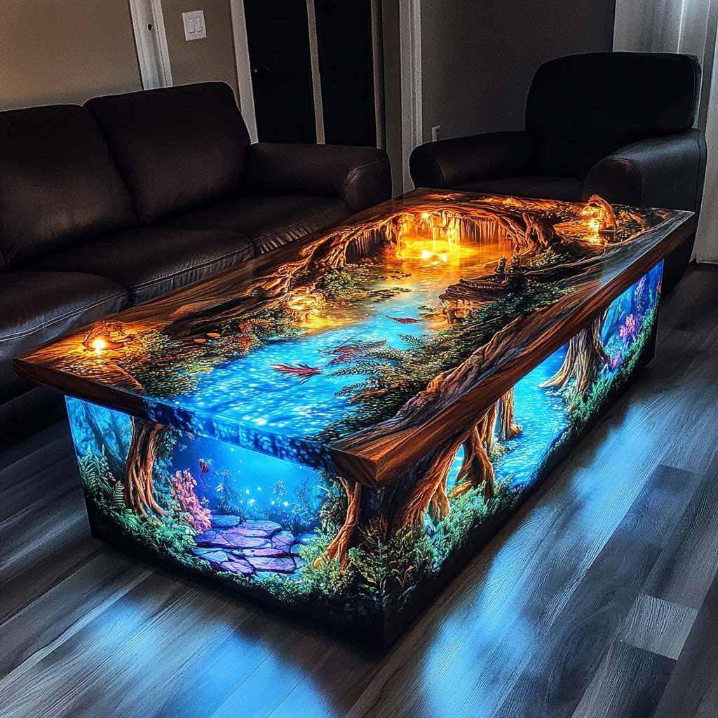 A rectangular fantasy coffee table with aquatic forest themes, bright blue lighting, and intricate underwater details.