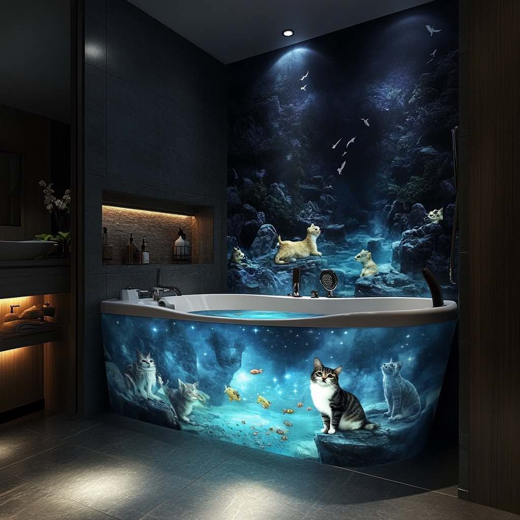 A deep blue cosmic-themed bathtub featuring ethereal feline illustrations, glowing fish, and a celestial ambiance for a dramatic luxury bathroom.