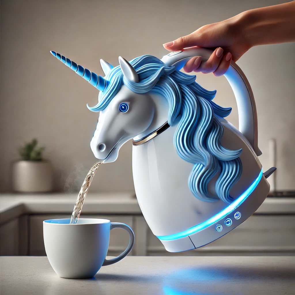 A blue-themed unicorn kettle with a flowing mane and LED lights pouring boiling water into a white cup.