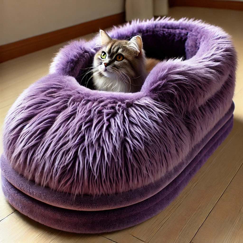 A lilac faux fur slipper-style cat bed featuring a relaxed cat, designed for warmth and style.