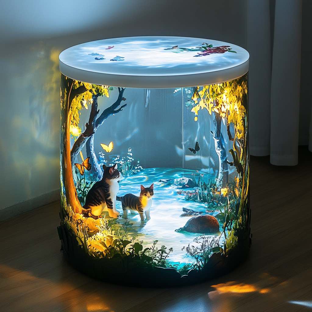 A vibrant woodland fantasy table featuring cats, glowing butterflies, and lush trees.