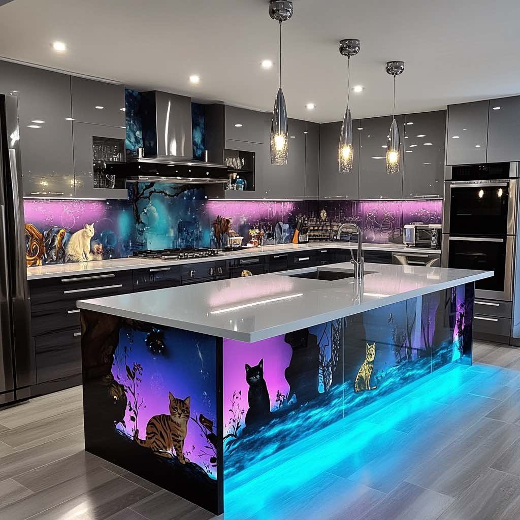 A modern kitchen with a glowing cat-themed island and matching backsplash in moody blue and purple tones.