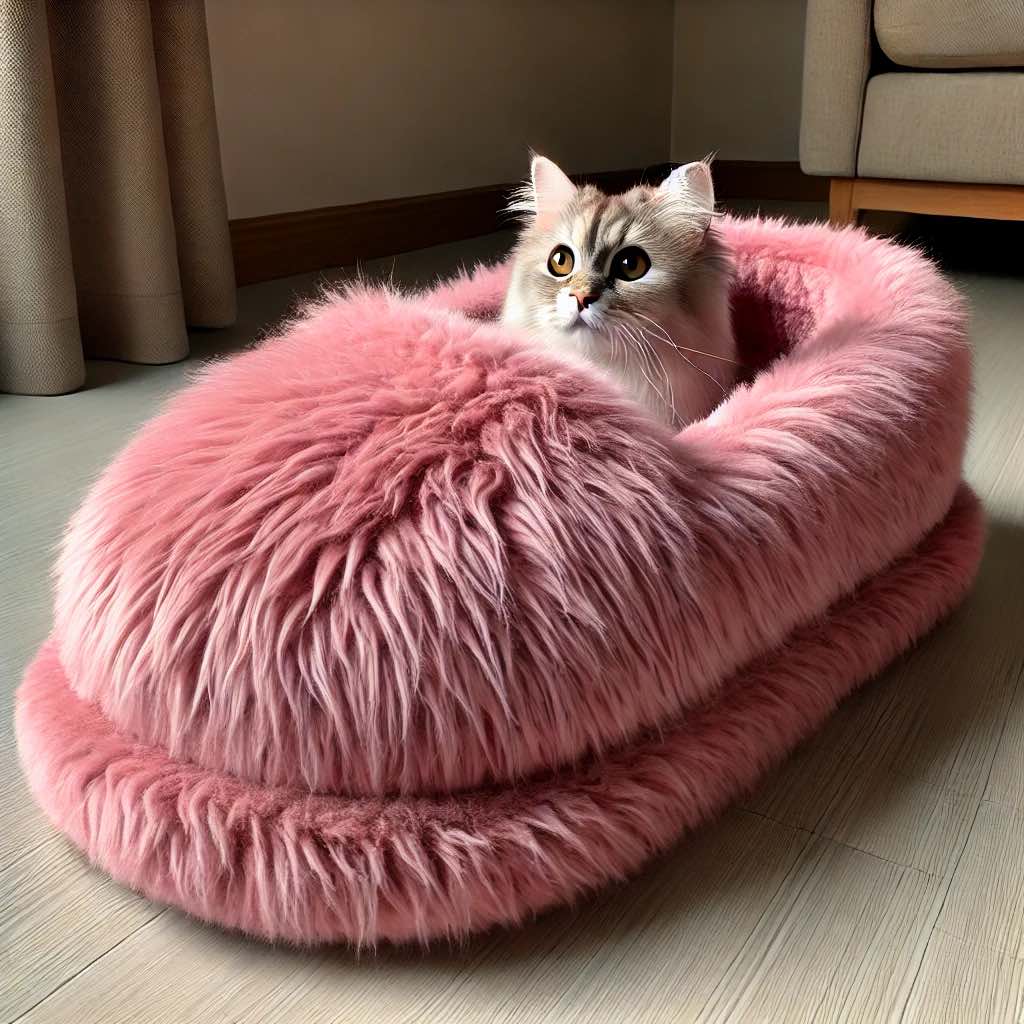 A pastel pink faux fur cat bed, offering ultimate comfort and a stylish aesthetic.
