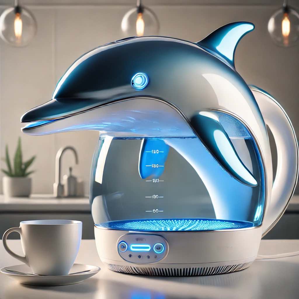 Modern blue dolphin-shaped electric kettle with LED illumination next to a white cup.