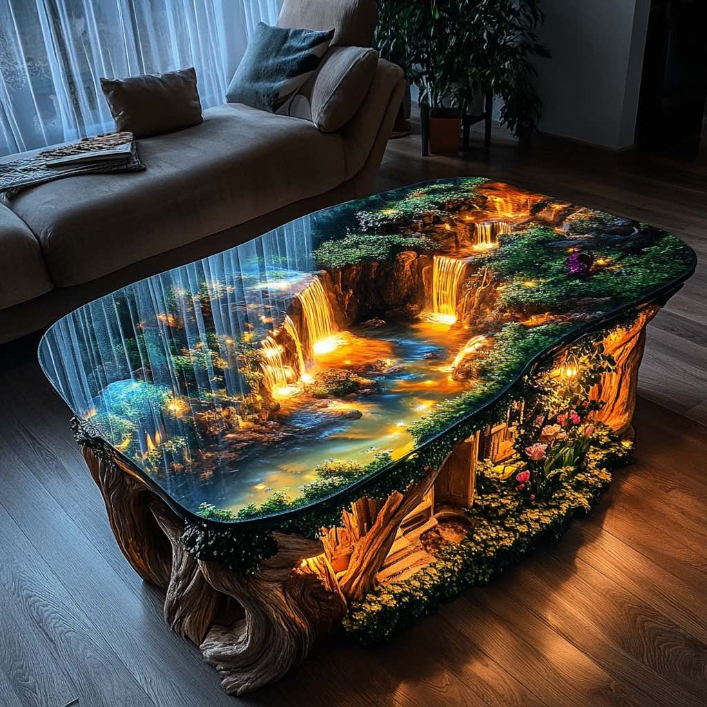 A stunning coffee table featuring a 3D design of an illuminated miniature forest with cascading waterfalls, surrounded by lush greenery and intricate details, placed in a cozy living room setting.