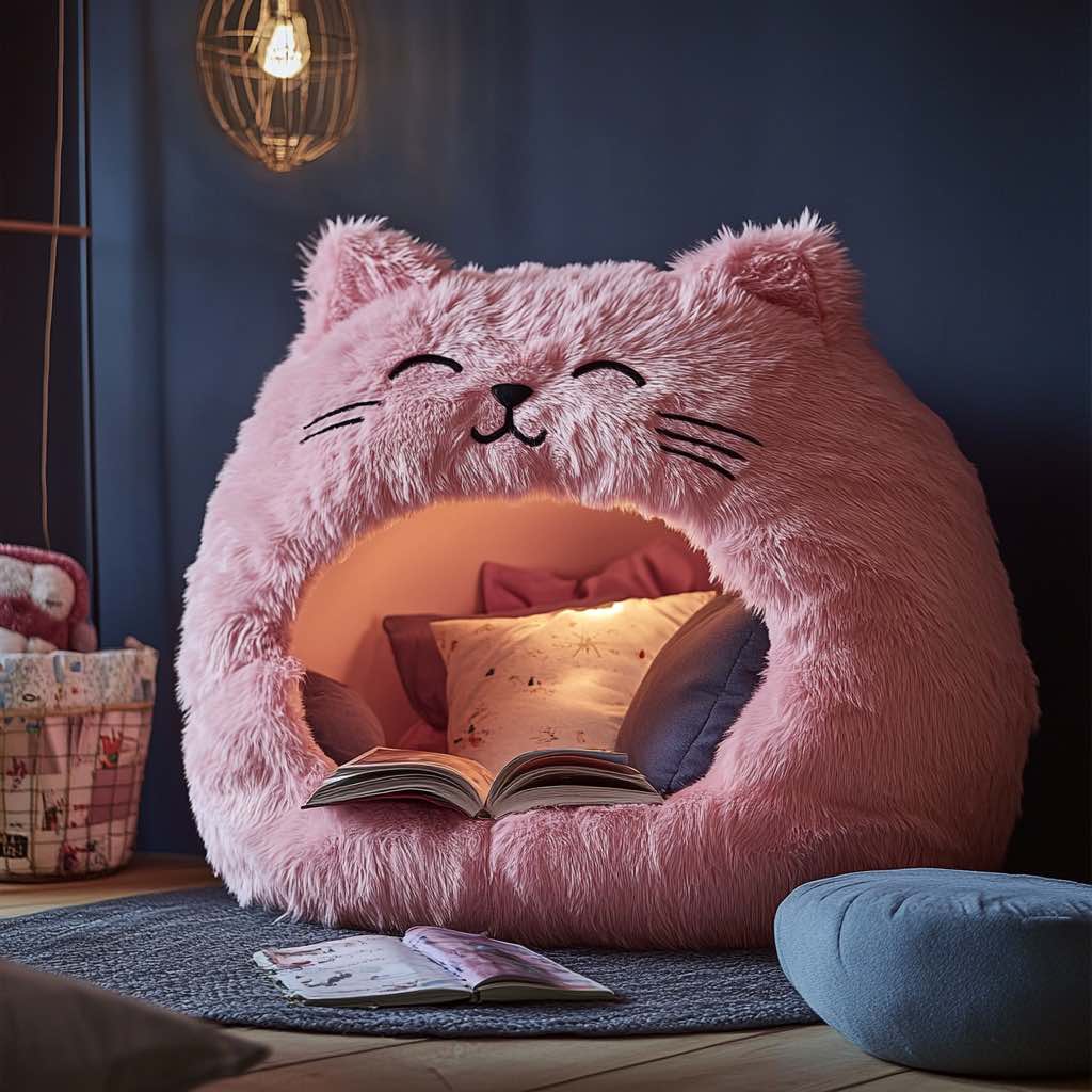 A soft pink, cat-shaped reading nook with cushions, warm lighting, and an open book inside.