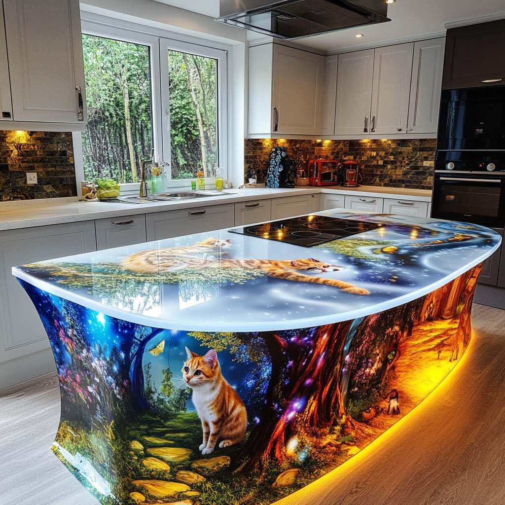 A fantasy-themed kitchen island with vibrant artwork of cats in a magical forest setting.