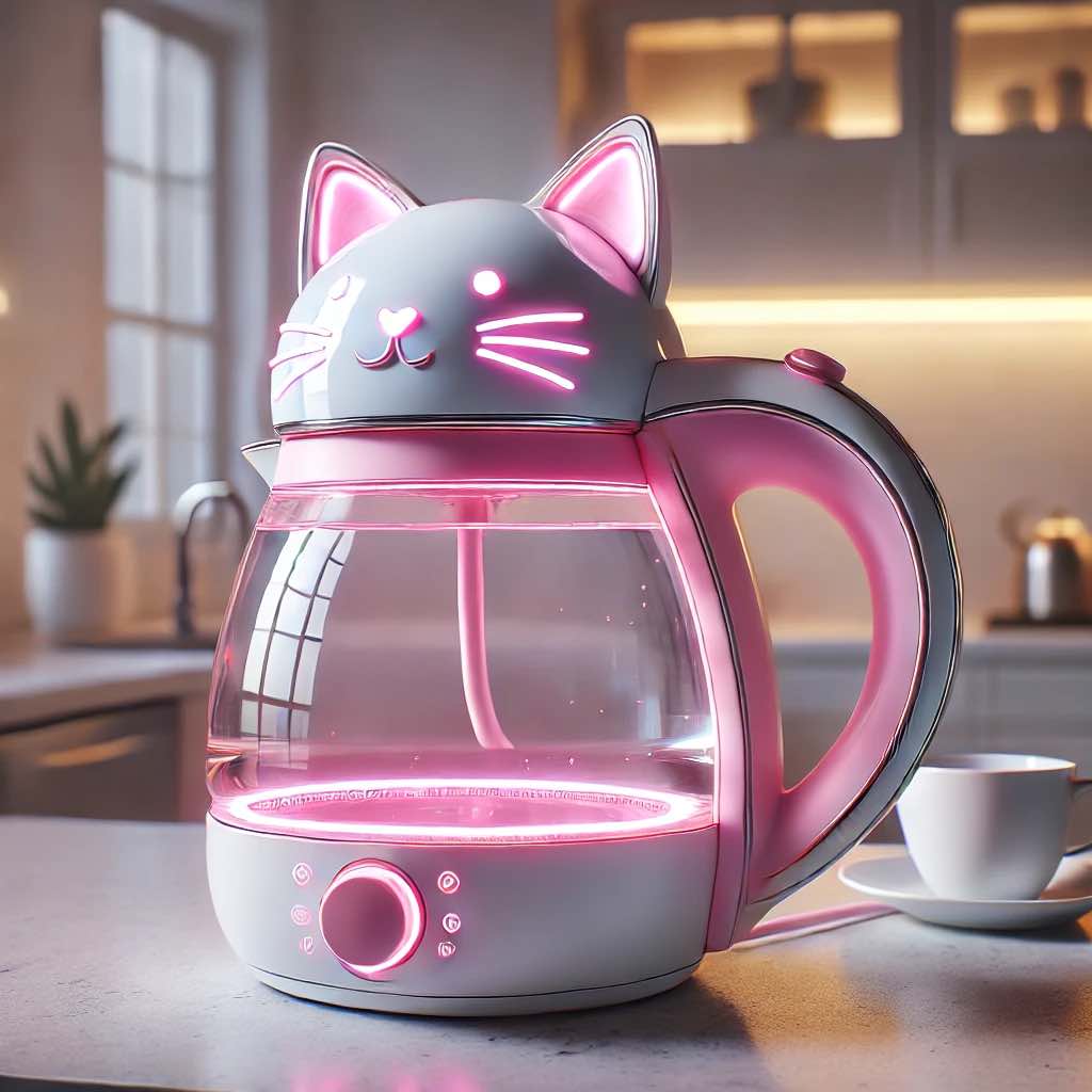A pink LED cat-themed electric kettle illuminated on a light kitchen countertop with a cup nearby.