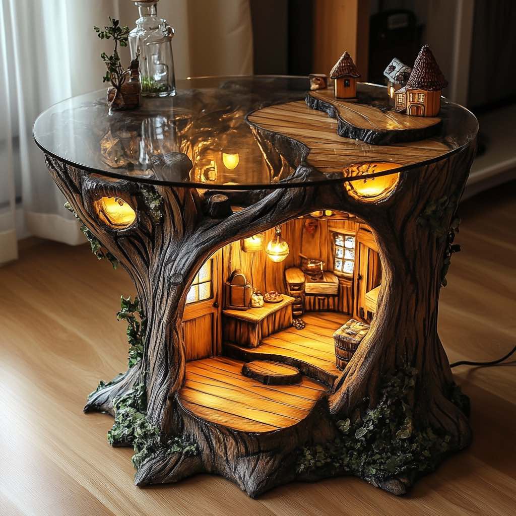 A beautifully crafted tree stump table featuring a glowing miniature cottage with a wooden path and warm lighting.