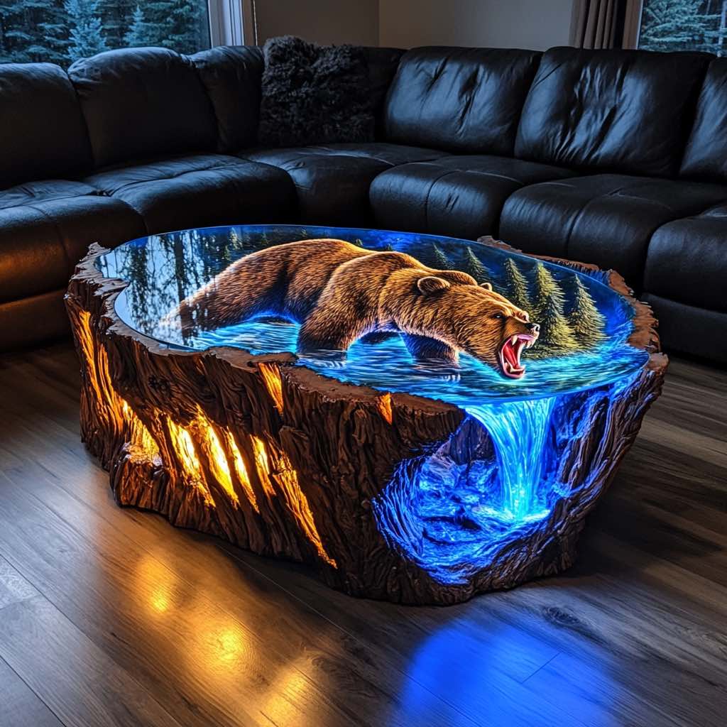 Unique coffee table showcasing a bear by a glowing waterfall with intricate details.