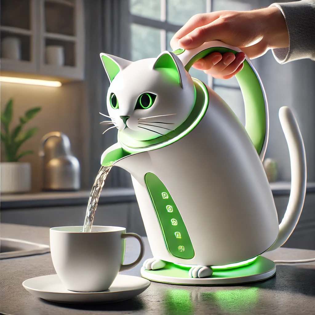 White cat kettle with green LED accents.