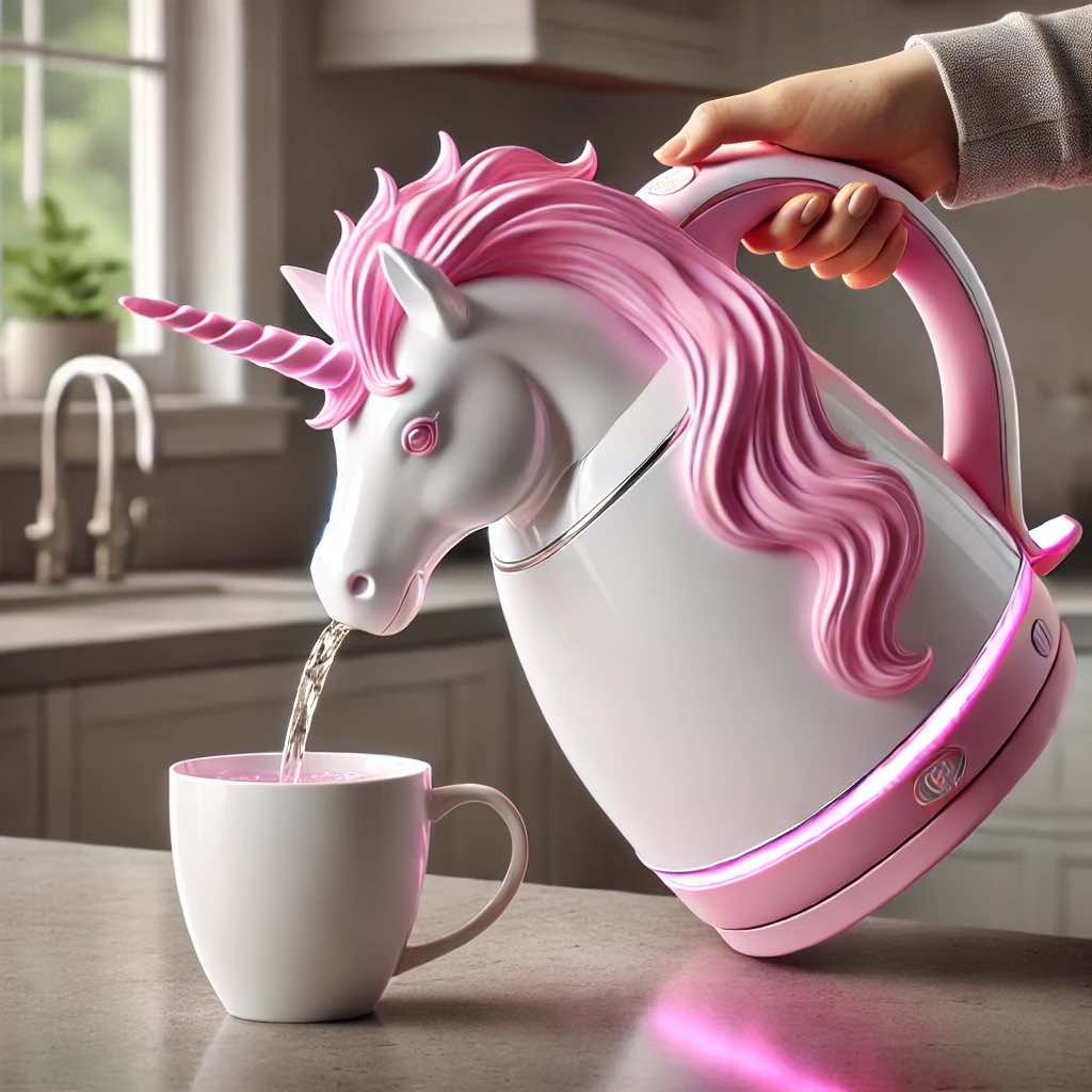 A pink unicorn kettle with a pastel mane, glowing LED lights, and a stylish ergonomic handle.