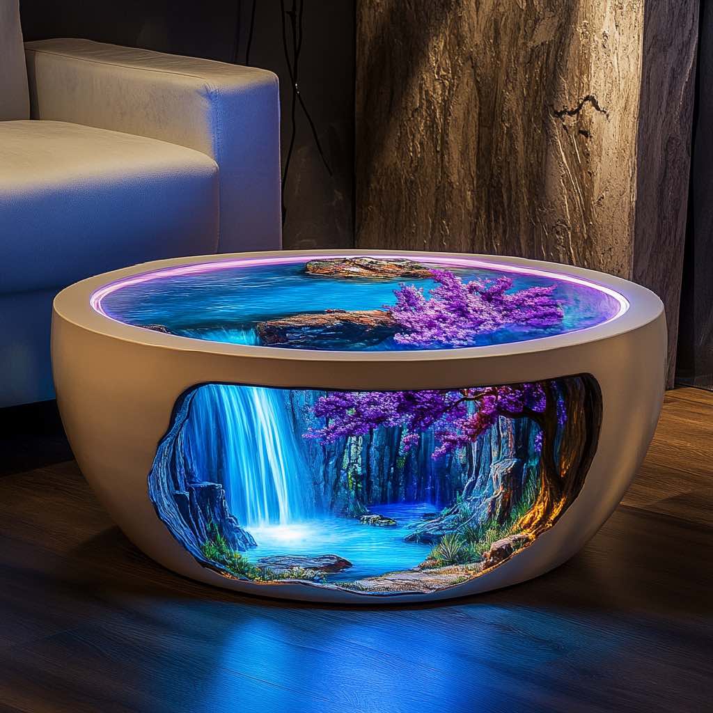 A contemporary round table with a sleek white frame, featuring a glowing design of a serene waterfall surrounded by vibrant purple blossoms and a tranquil forest scene. The illuminated top and cut-out side panels create a harmonious and relaxing aesthetic for modern interiors.