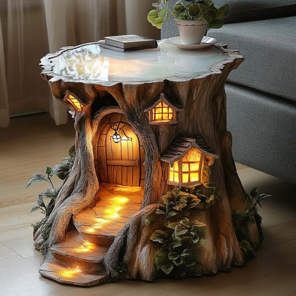 A glass-topped table showcasing a detailed miniature treehouse with glowing interiors and woodland details.