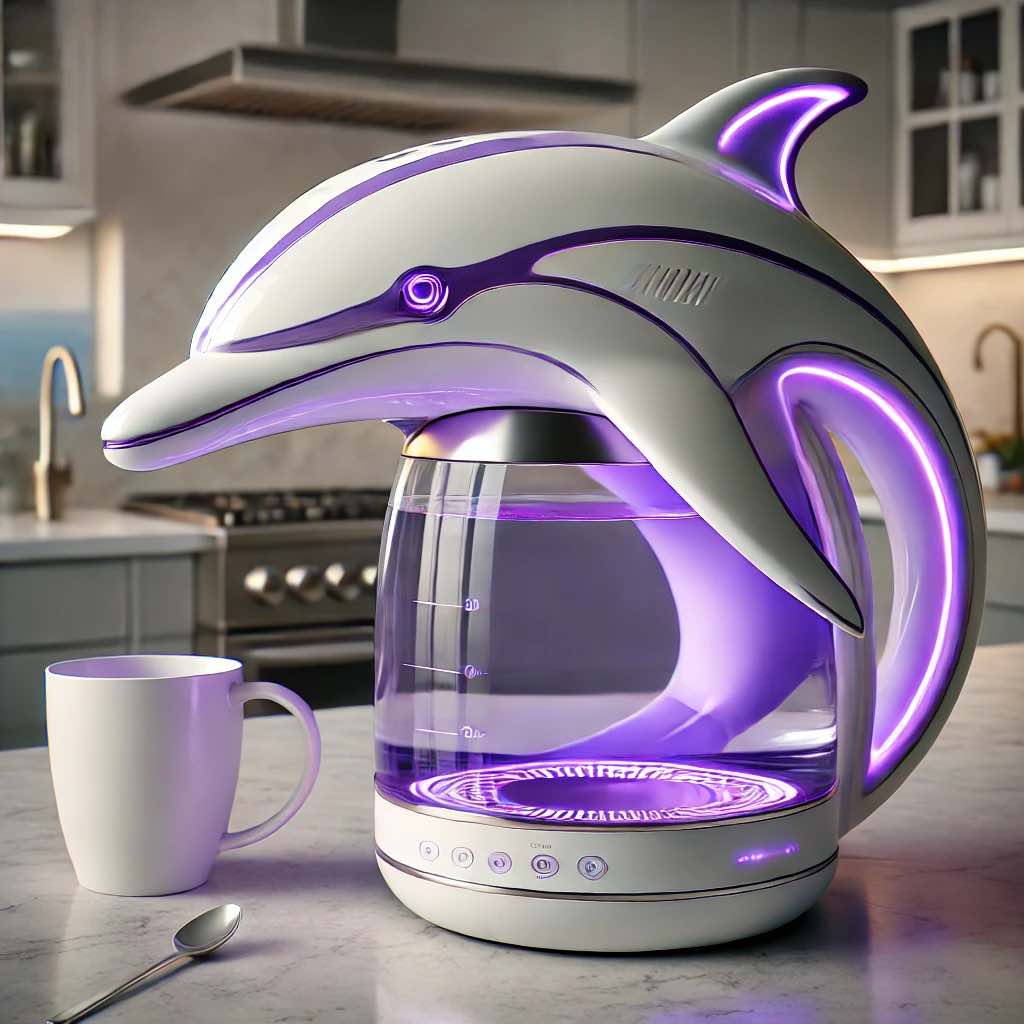 Stylish purple dolphin-shaped electric kettle with glowing LED lights on a kitchen countertop.