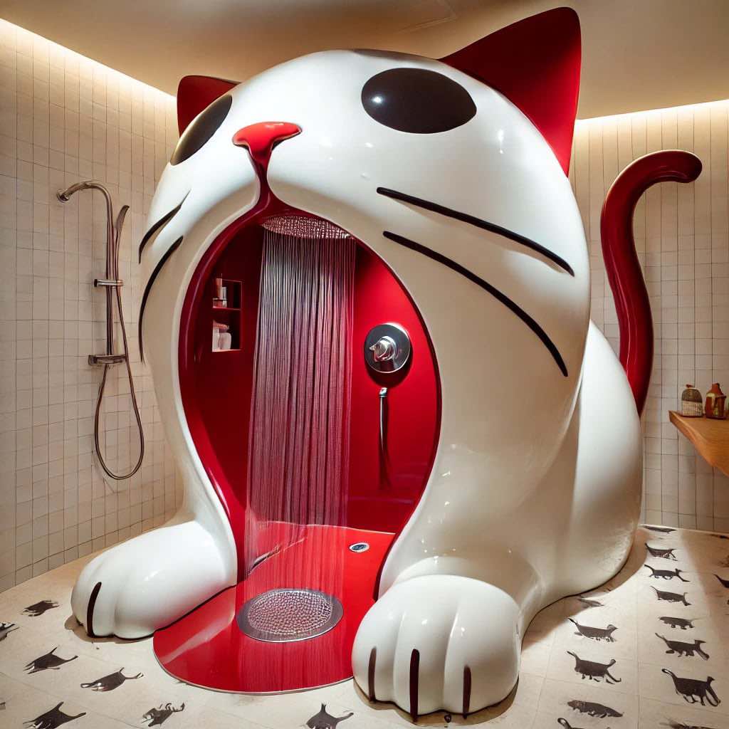 A white and red cat-shaped shower with bold whiskers and paws, featuring a modern interior shower setup.