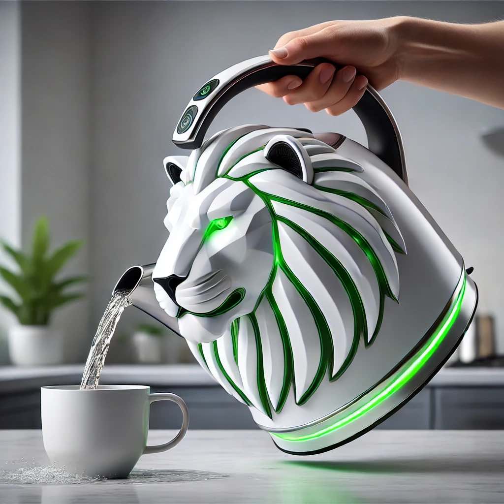 A sleek lion-themed kettle with green LED accents, elegantly pouring boiling water into a white teacup.