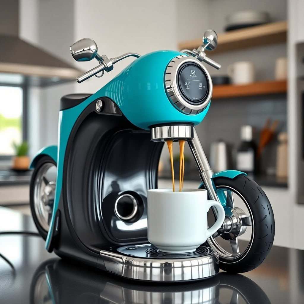 A sleek blue motorcycle coffee maker with digital controls, brewing coffee on a kitchen countertop.