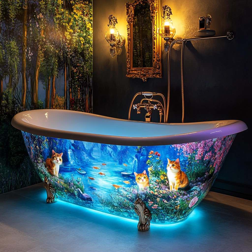 A charming, nature-inspired bathtub with illustrated cats, blooming flowers, and a picturesque pond, ideal for a whimsical bathroom design.