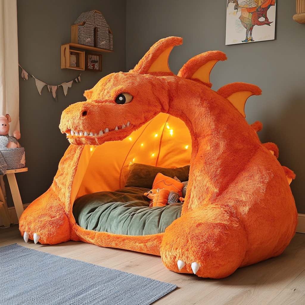 A bold orange dragon-shaped bed with a warm glowing interior, perfect for an adventurous child’s room.