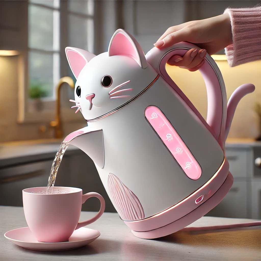 Soft pink cat kettle pouring into a matching cup.
