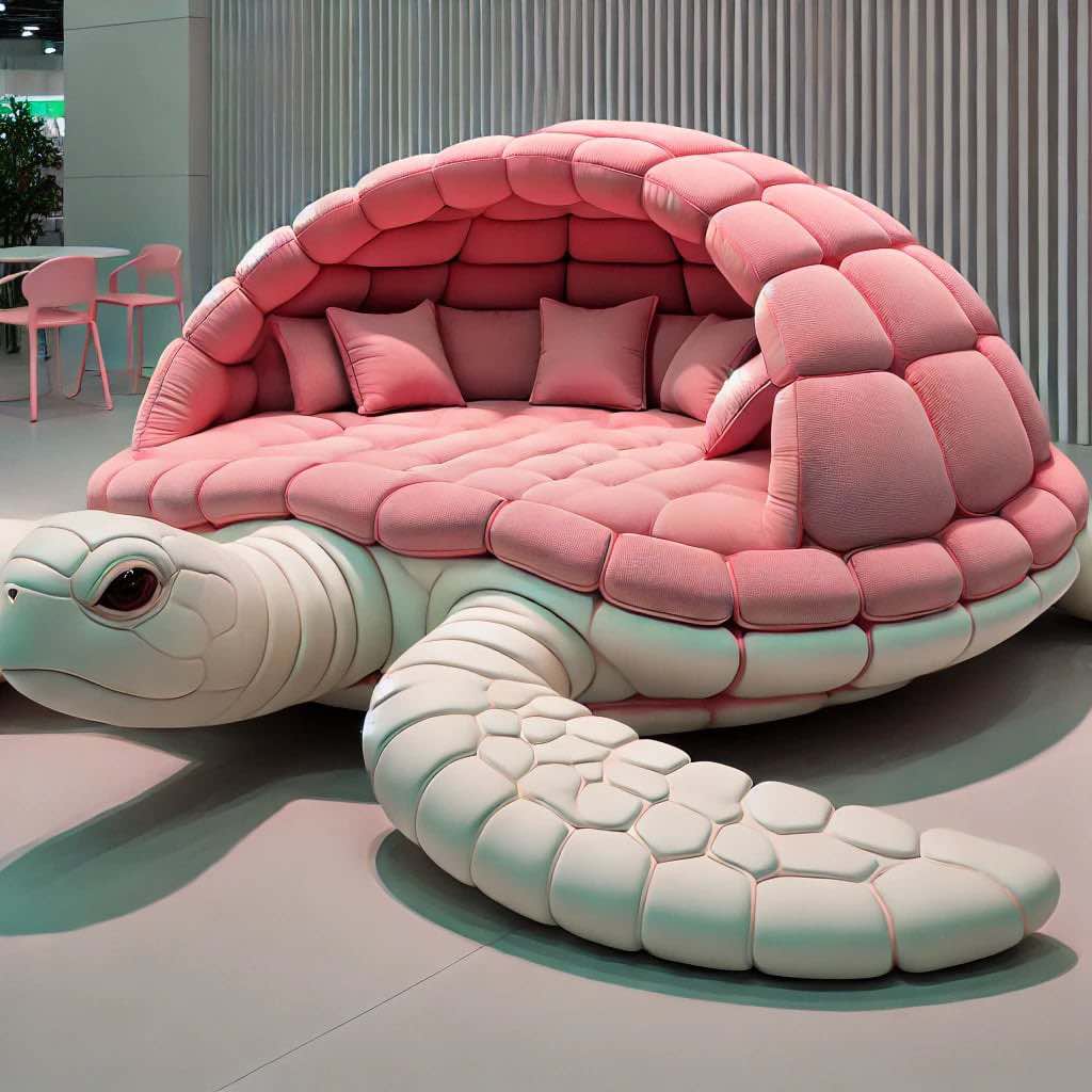 A soft pink turtle-shaped sofa with a cushioned shell, adding a feminine and luxurious touch to any space.