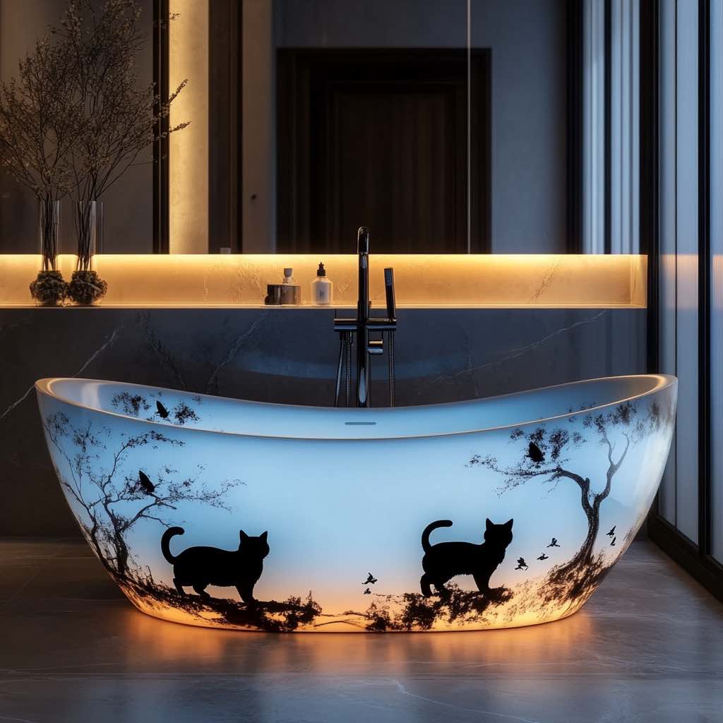 A sleek, contemporary bathtub featuring black cat silhouettes against a twilight-inspired backdrop, creating a sophisticated bathroom aesthetic.