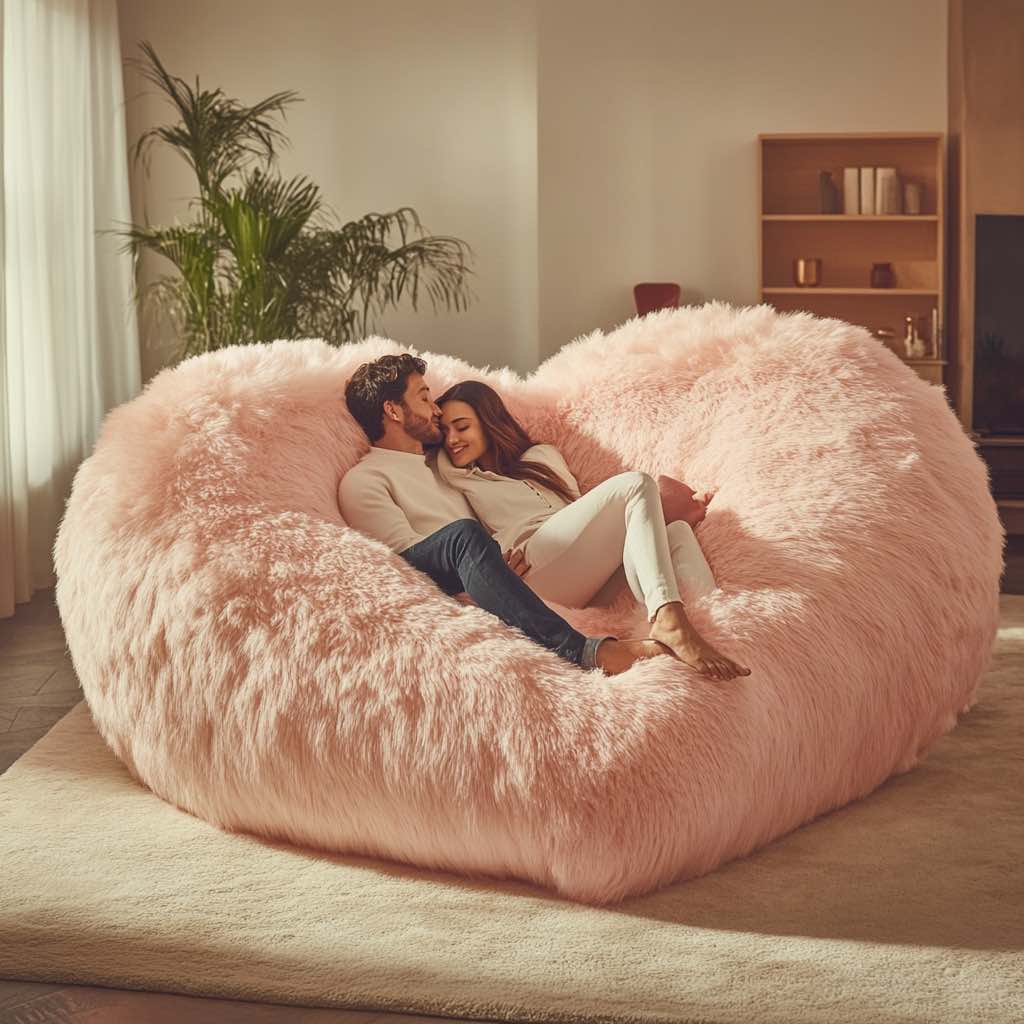 A couple cosying up on a pink heart-shaped faux fur love seat, creating a warm and intimate atmosphere.