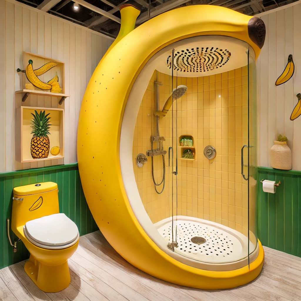 A banana-shaped shower enclosure in a cheerful yellow bathroom with matching fixtures and accessories.