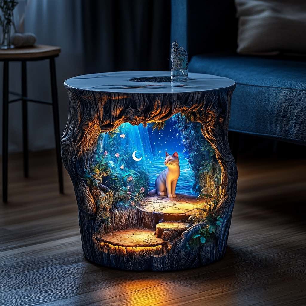 A fantasy table with a cat sitting atop a glowing staircase under a moonlit sky.
