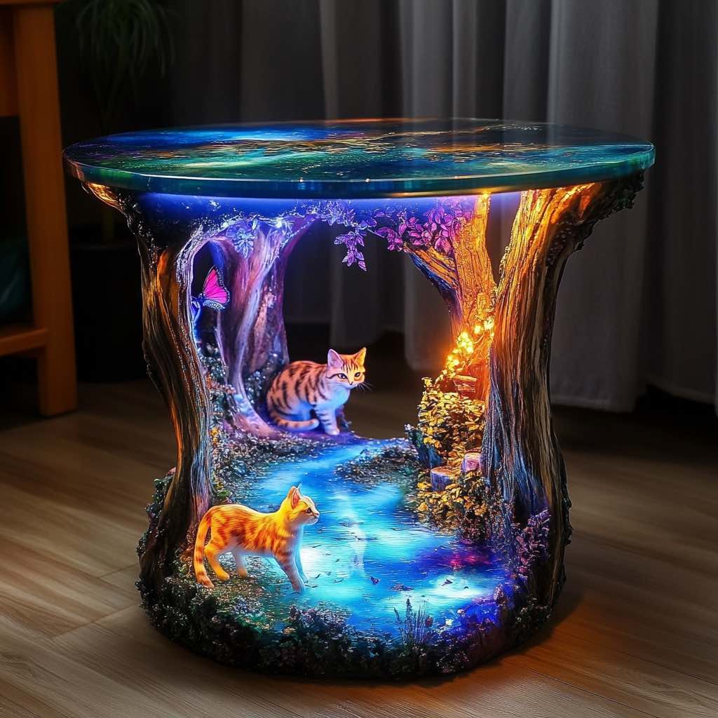 A circular table showcasing a glowing forest landscape with two cats exploring a serene stream.